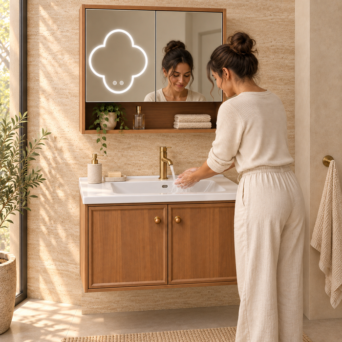 Bassino 800 mm wall-mounted plywood bathroom vanity set with ceramic basin, two-door cabinet and flower LED mirror cabinet