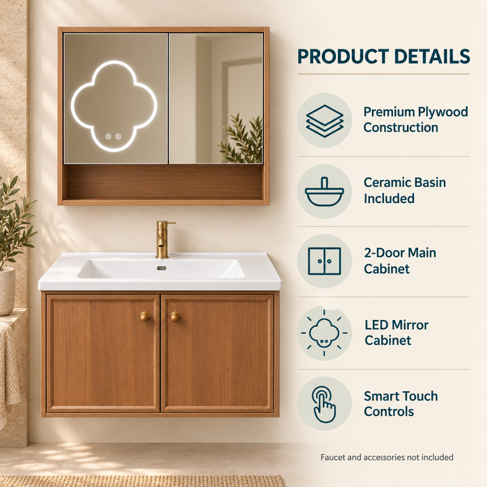Bassino 800 mm wall-mounted plywood bathroom vanity set with ceramic basin, two-door cabinet and flower LED mirror cabinet