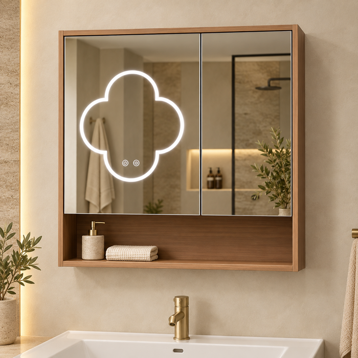 Bassino 800 mm wall-mounted plywood bathroom vanity set with ceramic basin, two-door cabinet and flower LED mirror cabinet