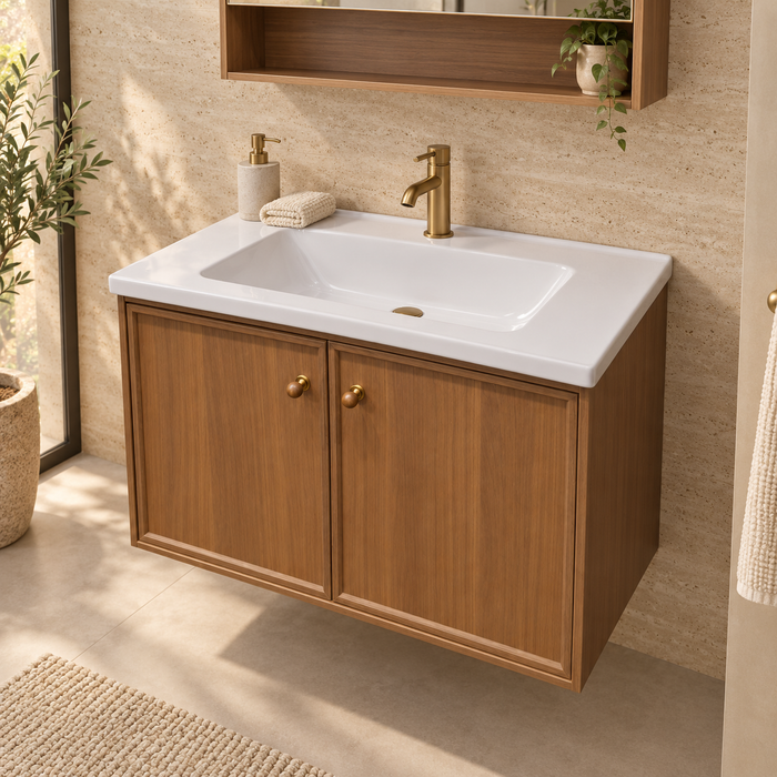 Bassino 800 mm wall-mounted plywood bathroom vanity set with ceramic basin, two-door cabinet and flower LED mirror cabinet