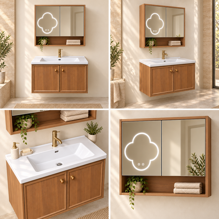 Bassino 800 mm wall-mounted plywood bathroom vanity set with ceramic basin, two-door cabinet and flower LED mirror cabinet