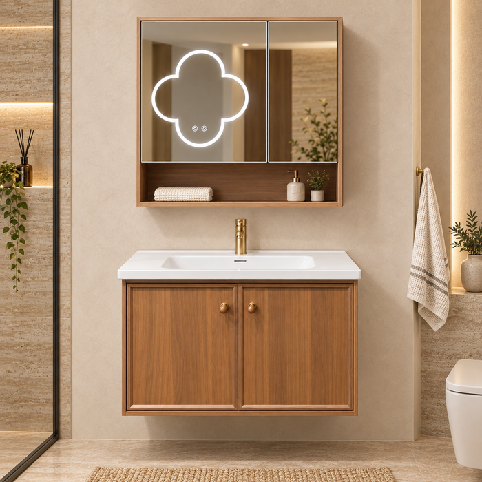 Bassino 800 mm wall-mounted plywood bathroom vanity set with ceramic basin, two-door cabinet and flower LED mirror cabinet