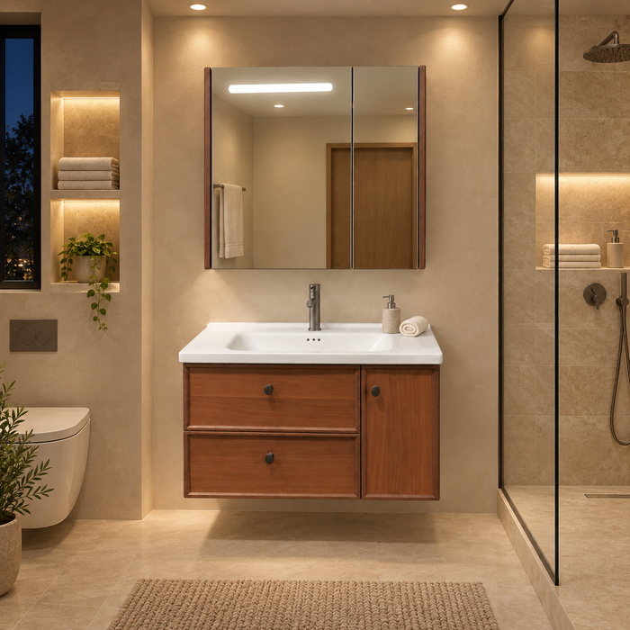 Bassino 800 mm wall-mounted plywood bathroom vanity set with white ceramic basin, two sliding drawers, one door and sensor LED mirror cabinet