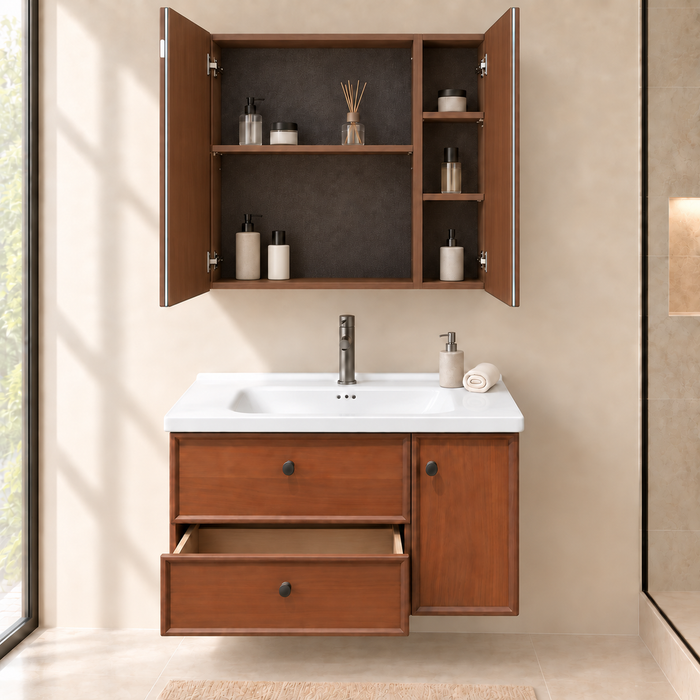 Bassino 800 mm wall-mounted plywood bathroom vanity set with white ceramic basin, two sliding drawers, one door and sensor LED mirror cabinet