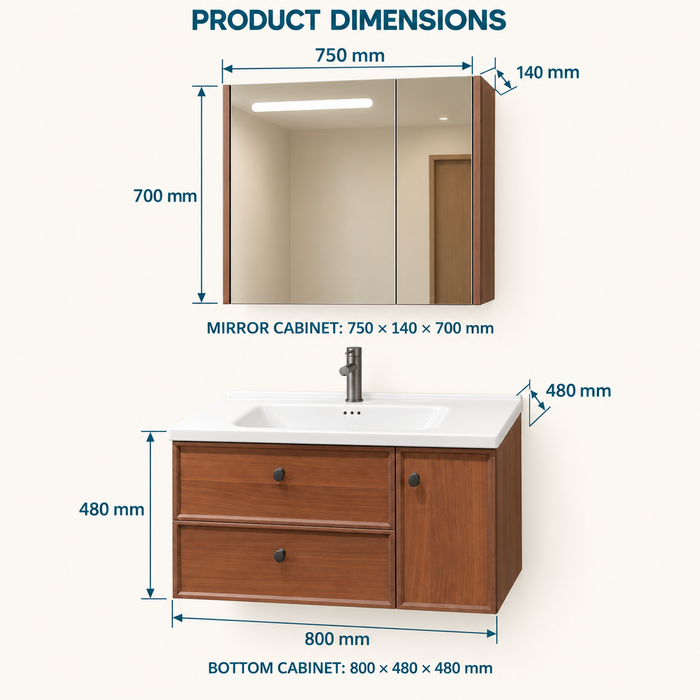 Bassino 800 mm wall-mounted plywood bathroom vanity set with white ceramic basin, two sliding drawers, one door and sensor LED mirror cabinet