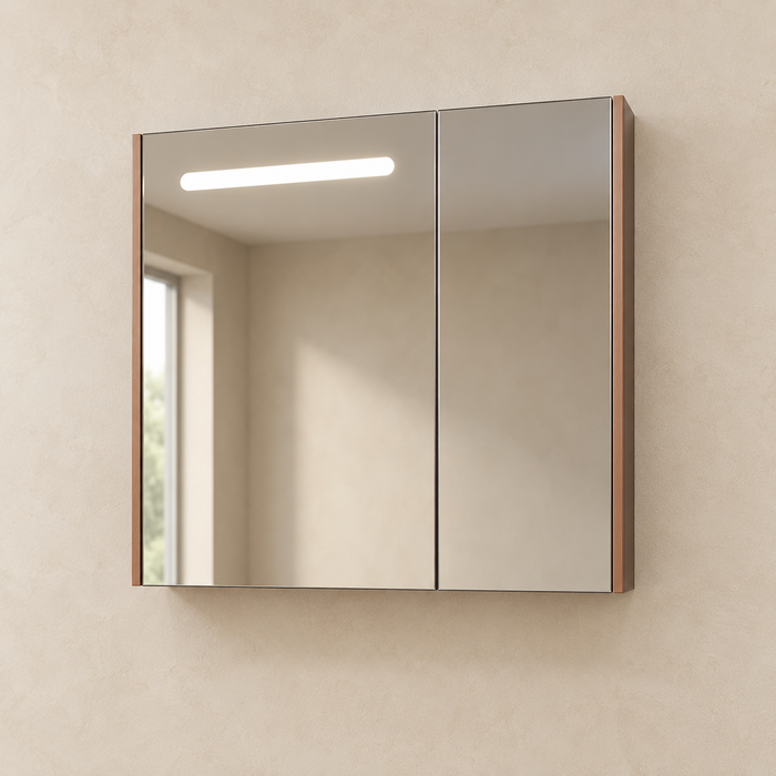 Bassino 800 mm wall-mounted plywood bathroom vanity set with white ceramic basin, two sliding drawers, one door and sensor LED mirror cabinet