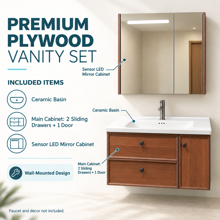 Bassino 800 mm wall-mounted plywood bathroom vanity set with white ceramic basin, two sliding drawers, one door and sensor LED mirror cabinet