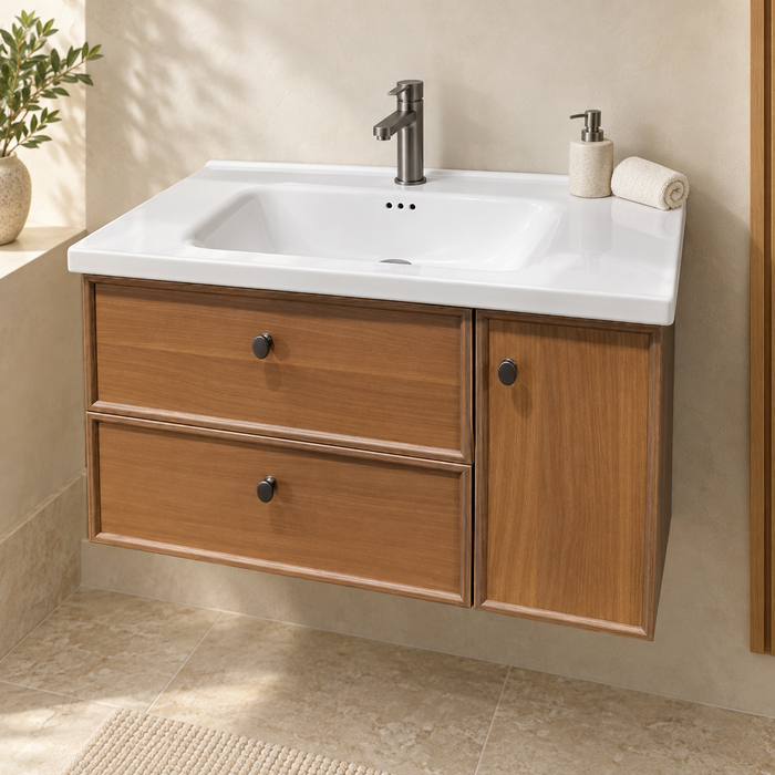Bassino 800 mm wall-mounted plywood bathroom vanity set with white ceramic basin, two sliding drawers, one door and sensor LED mirror cabinet