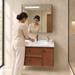 Bassino 800 mm wall-mounted plywood bathroom vanity set with white ceramic basin, two sliding drawers, one door and sensor LED mirror cabinet