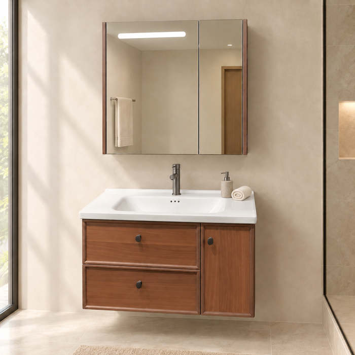 Bassino 800 mm wall-mounted plywood bathroom vanity set with white ceramic basin, two sliding drawers, one door and sensor LED mirror cabinet