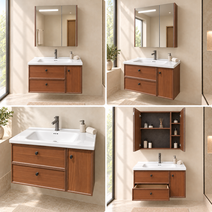 Bassino 800 mm wall-mounted plywood bathroom vanity set with white ceramic basin, two sliding drawers, one door and sensor LED mirror cabinet