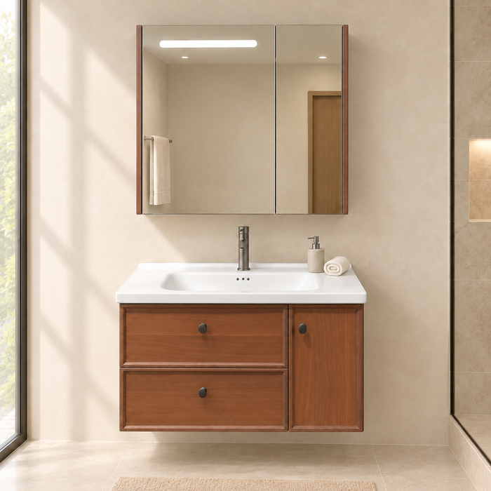 Bassino 800 mm wall-mounted plywood bathroom vanity set with white ceramic basin, two sliding drawers, one door and sensor LED mirror cabinet