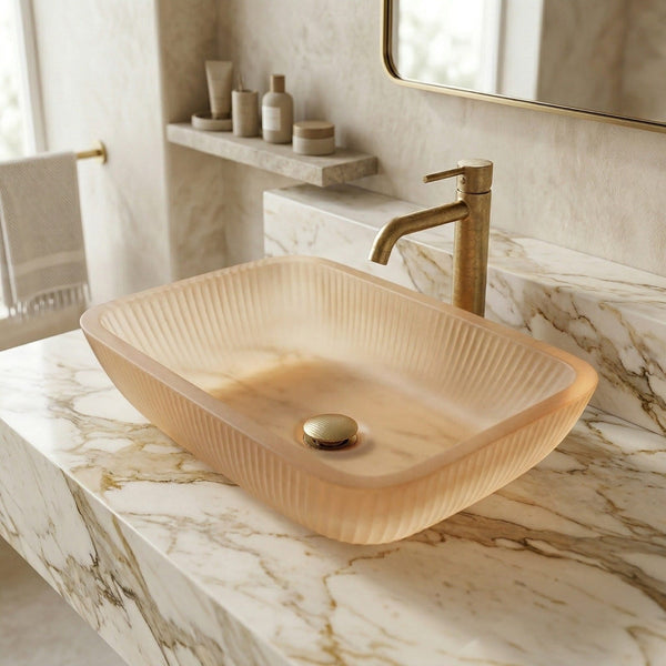 Bassino Frosted Glass Countertop Wash Basin – Premium Beige Vessel Sink (18" x 13" x 4")