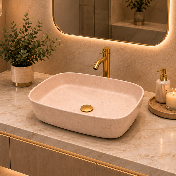 Bassino Beige Stone Finish Countertop Wash Basin – Premium Ceramic Vessel Sink (19.9" x 15.0" x 5.3")