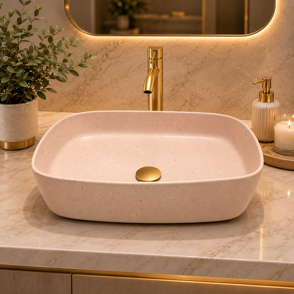 Bassino Beige Stone Finish Countertop Wash Basin – Premium Ceramic Vessel Sink (19.9" x 15.0" x 5.3")