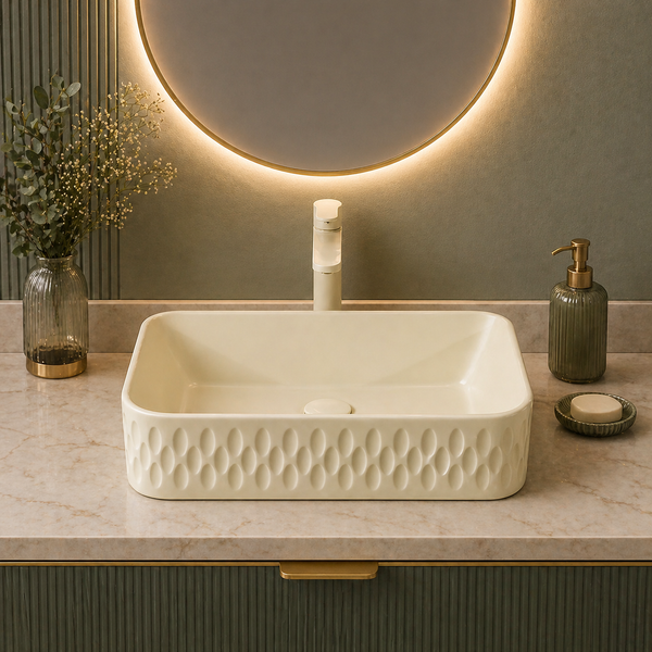Bassino Textured Rectangular Ceramic Countertop Wash Basin – Modern Vessel Sink (18" x 13" x 5.5")
