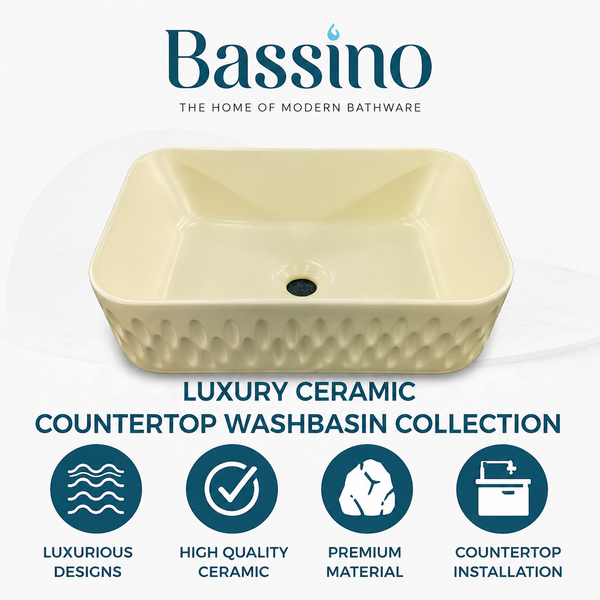 Bassino Textured Rectangular Ceramic Countertop Wash Basin – Modern Vessel Sink (18" x 13" x 5.5")