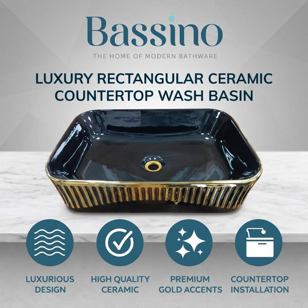 Bassino Black & Gold Ceramic Countertop Wash Basin – Luxury Rectangular Vessel Sink (20" x 13" x 6")