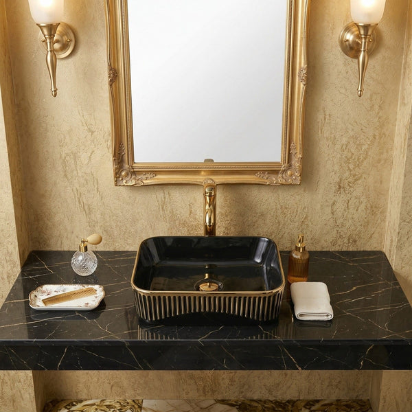 Bassino Black & Gold Ceramic Countertop Wash Basin – Luxury Rectangular Vessel Sink (20" x 13" x 6")