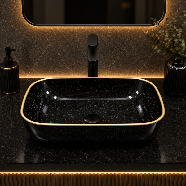 Bassino Black & Gold Rectangular Countertop Wash Basin – Premium Ceramic Vessel Sink (17.9" x 12.6" x 5.3")