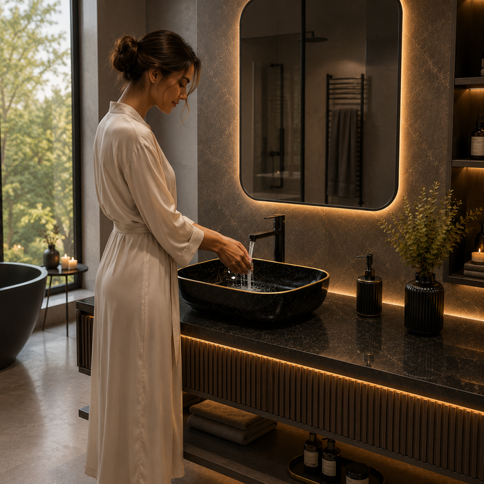 Bassino Black & Gold Rectangular Countertop Wash Basin