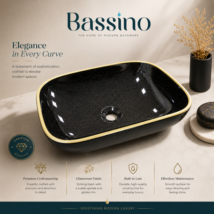 Bassino Black & Gold Rectangular Countertop Wash Basin