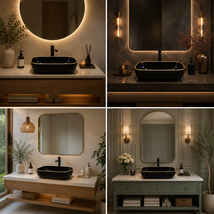 Bassino Black & Gold Rectangular Countertop Wash Basin