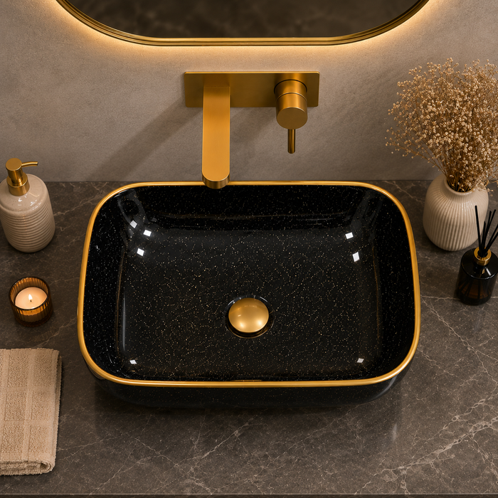 Bassino Black & Gold Rectangular Countertop Wash Basin 