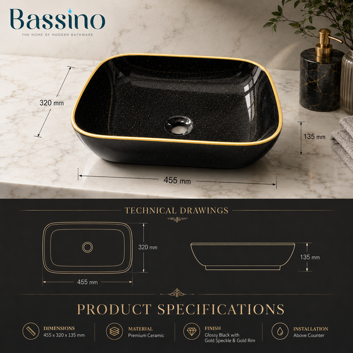 Bassino Black & Gold Rectangular Countertop Wash Basin 