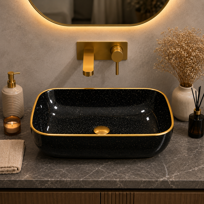 Bassino Black & Gold Rectangular Countertop Wash Basin 