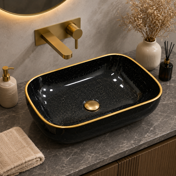 Bassino Black & Gold Rectangular Countertop Wash Basin 