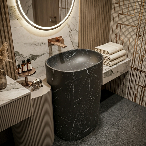 Bassino Black Marble Effect Pedestal Basin – Luxury Freestanding Oval Wash Basin (19.7" x 14.2" x 32.3")