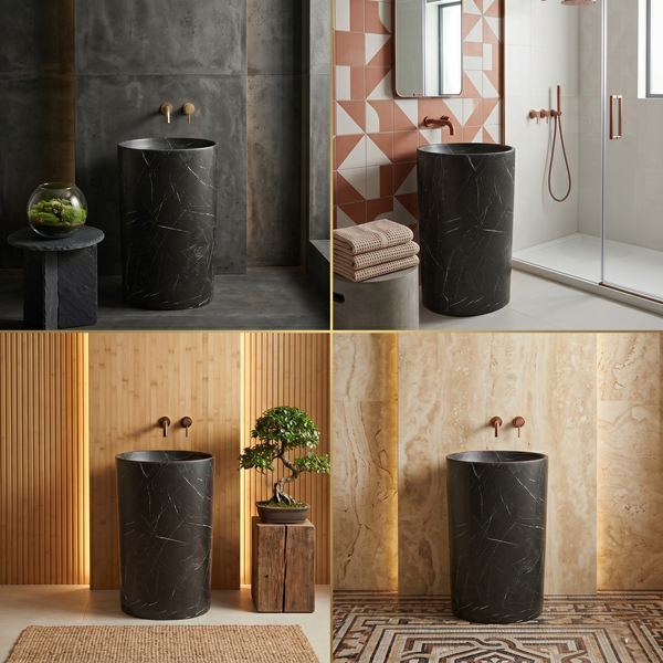 Bassino Black Marble Effect Pedestal Basin – Luxury Freestanding Oval Wash Basin (19.7" x 14.2" x 32.3")