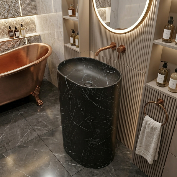 Bassino Black Marble Effect Pedestal Basin – Luxury Freestanding Oval Wash Basin (19.7" x 14.2" x 32.3")