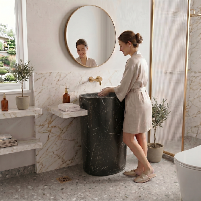 Bassino Black Marble Effect Pedestal Basin