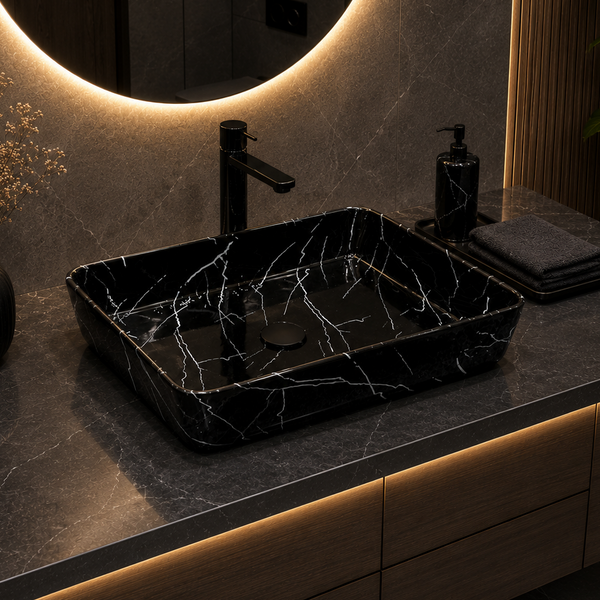 Bassino Black Marble Rectangular Countertop Wash Basin – Premium Ceramic Vessel Sink (23.6" x 13.8" x 4.9")