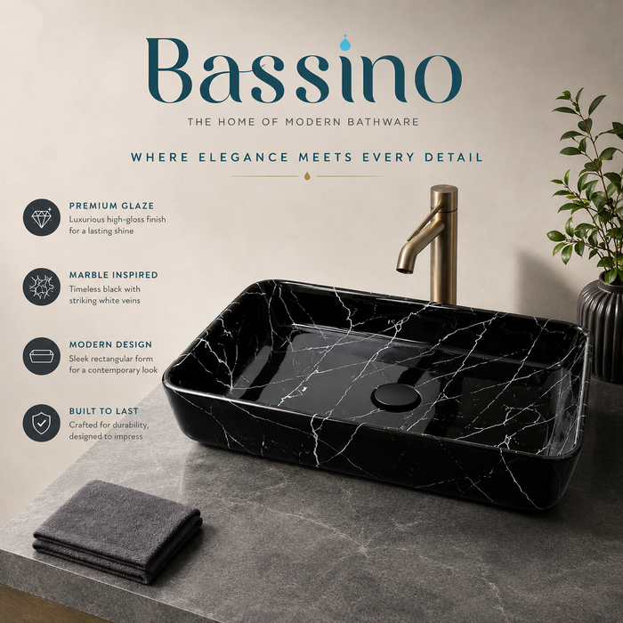 Bassino Black Marble Rectangular Countertop Wash Basin 