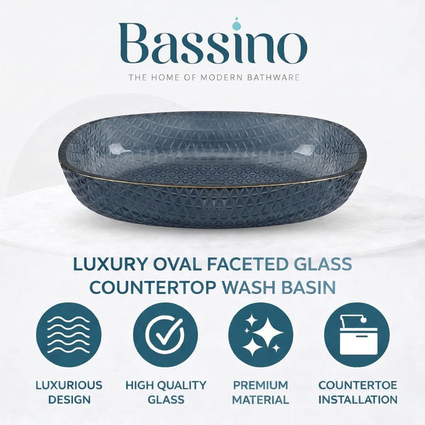 Bassino Blue Faceted Glass Countertop Wash Basin – Premium Oval Vessel Sink (21" x 16" x 4")