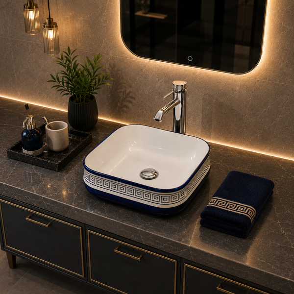 Bassino Blue & White Greek Pattern Countertop Wash Basin – Premium Ceramic Vessel Sink (18.1" x 14.2" x 5.5")