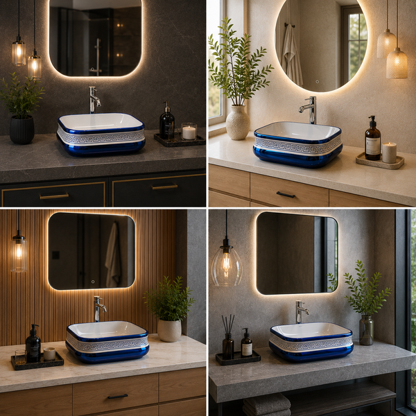 Bassino Blue & White Greek Pattern Countertop Wash Basin – Premium Ceramic Vessel Sink (18.1" x 14.2" x 5.5")