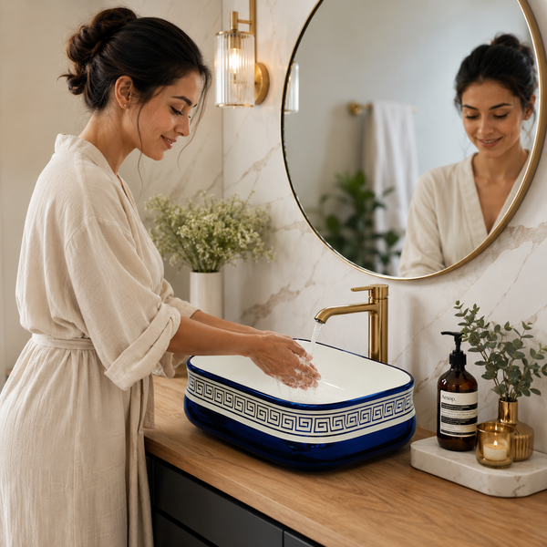 Bassino Blue & White Greek Pattern Countertop Wash Basin – Premium Ceramic Vessel Sink (18.1" x 14.2" x 5.5")