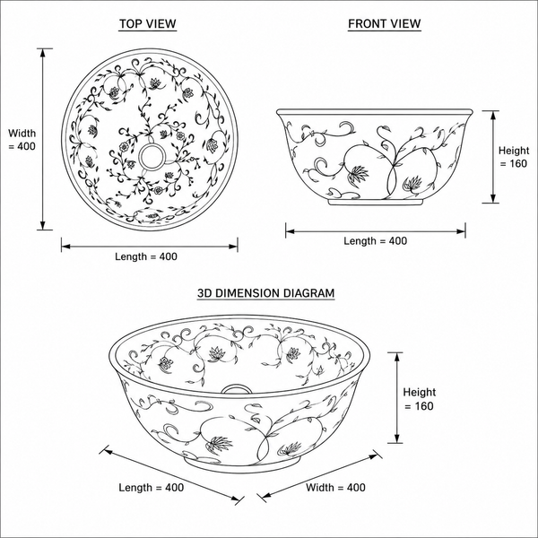 Bassino Floral Art Round Countertop Wash Basin – Designer Ceramic Vessel Sink (15.7" x 15.7" x 6.3")
