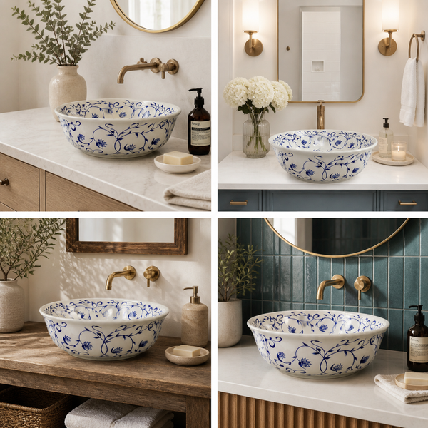Bassino Floral Art Round Countertop Wash Basin – Designer Ceramic Vessel Sink (15.7" x 15.7" x 6.3")