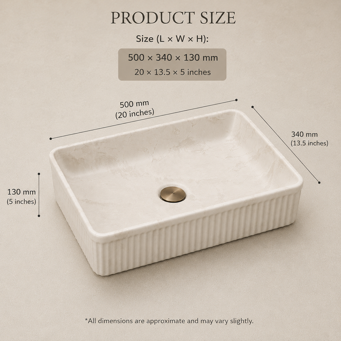Bassino Fluted Matte Marble Table Top Wash Basin size 