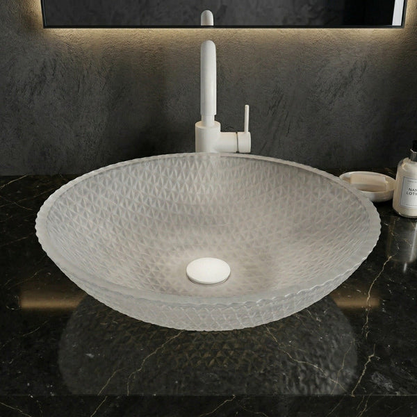 Bassino Frosted Glass Oval Countertop Wash Basin – Textured Vessel Sink (20" x 15" x 6")