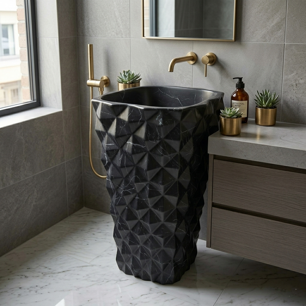 Bassino Geometric Black Freestanding Pedestal Wash Basin – Luxury Floor Standing Sink (16" x 16" x 31.5")