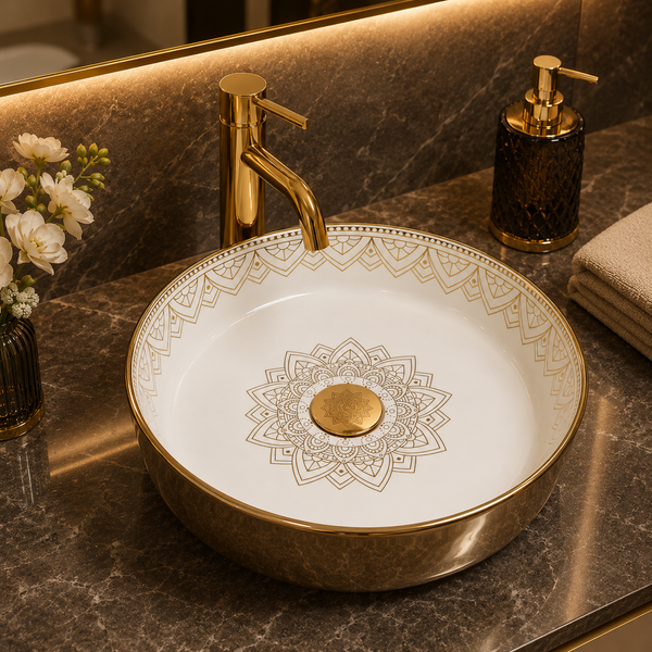 Bassino Gold Mandala Round Countertop Wash Basin – Luxury Designer Vessel Sink (400 x 400 x 130 mm)