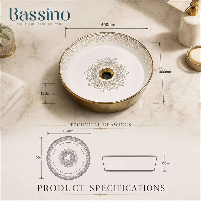 Bassino Gold Mandala Round Countertop Wash Basin
