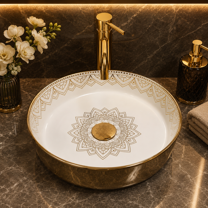 Bassino Gold Mandala Round Countertop Wash Basin