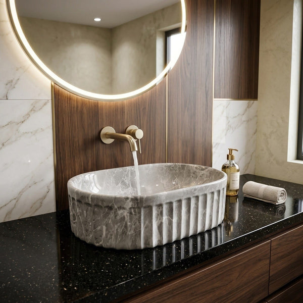 Bassino Grey Marble Textured Countertop Wash Basin – Luxury Oval Vessel Sink (22" x 14" x 6")